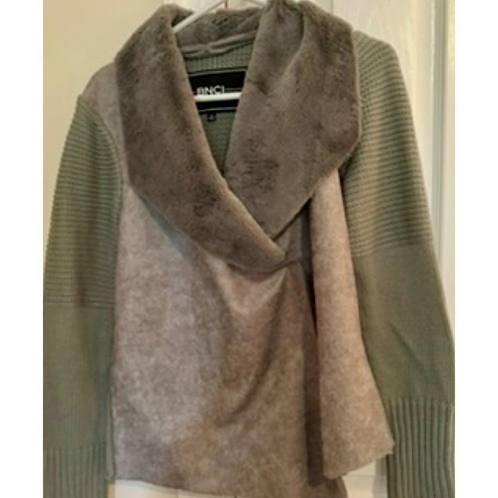 BNCI Faux Fur Collar Drape Front Cardigan‎ Sweater Knit Gray Polyester medium - Picture 7 of 14